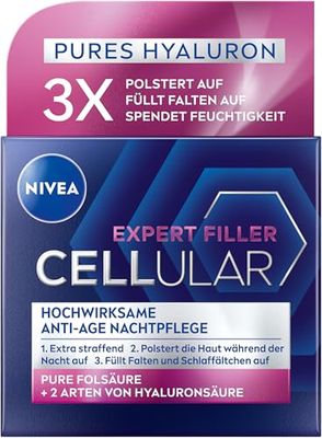 NIVEA Cellular Expert Filler mycket effektiv anti-age nattvård, extra åtstramande nattkräm med påfyllningseffekt, dämpande ansiktsvård med hyaluronsyra för natten (50 ml)