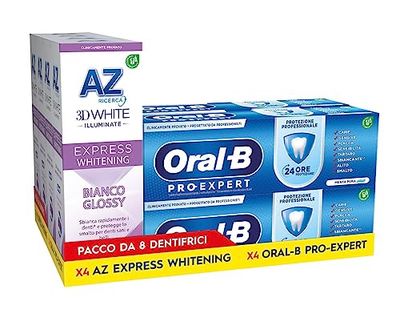 AZ Dentifricio 3DWhite Illuminate Express Whitening Bianco Glossy + Oral-B. Maxi Multipacco. Confezione da 4x50ml + 4x75ml Dentifrici