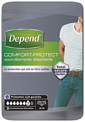 Depend Comfort-Protect Sous-Vêtements Homme (7 Gouttes) Taille L/XL pour Fuites Urinaires et Incontinence x54 (6 Paquets de 9 Sous-Vêtements)