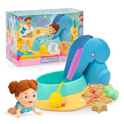 Cicciobello Amicicci Pool Playset, Piscina a Forma di Elefante, con Funzione Bolle, Sabbia Magica, Pala, Stampo a Stella, Ragazza Bruna con Bikini, Famosa (AMC10000)