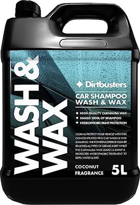 Dirtbusters Car Shampoo & Wax, Deep Cleaning Wash With A Carnauba Waxed Glossy Shine Finish, To Clean & Detail All Vehicle Exteriors, PH Neutral Coconut Fragrance (5L)