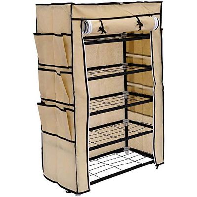 BAKAJI Zapatero armario ahorro de espacio 6 estantes 60 x 30 x 90 cm hasta 18 pares de zapatos estructura acero y revestimiento de tela TNT impermeable con cierre de cremallera antipolvo (beige)