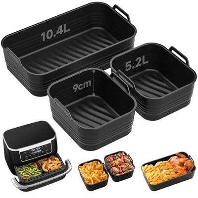 Alyvisun Teglia Silicone per Friggitrice ad Aria, 3 Pezzi Contenitori Teglie Air Fryer Riutilizzabile Stampi Pirottini Contenitore Cestello Vaschette per 10 L/10,4 L Airfryer (1x10,4 L+2x5,2 L)