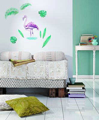 Komar 17057h Deco - Adhesivo decorativo para pared, diseño de flamenco, tamaño 50 x 70 cm (ancho x altura), 9 piezas, sin dejar residuos, fabricado en Alemania, color verde y rosa