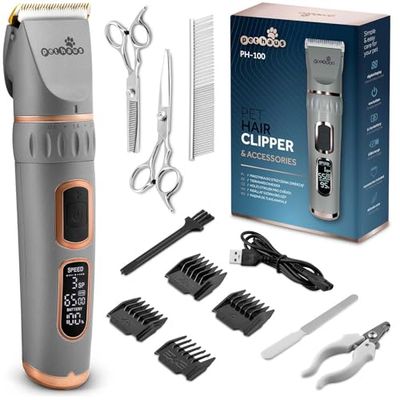 Pethaus Hondenscheermachine, groomingset, geluidsarme scheermachine voor honden en katten, 4 opzetstukken, 3 tot 12 mm, schaar, kam, klauwsnijder, vijl, grijs