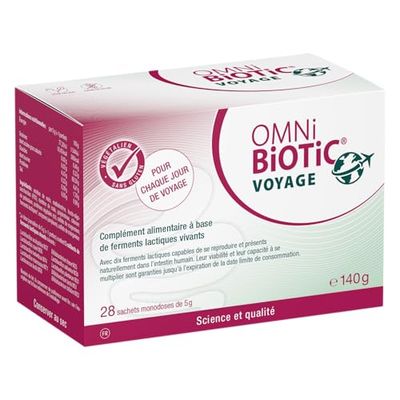 OMNi BiOTiC VOYAGE | 28 sachets (140g) | 10 souches bactériennes | 5 milliards d’UFC par dose journalière | En poudre | Végétalien | Sans gluten | Sans lactose | Pour une utilisation quotidienne