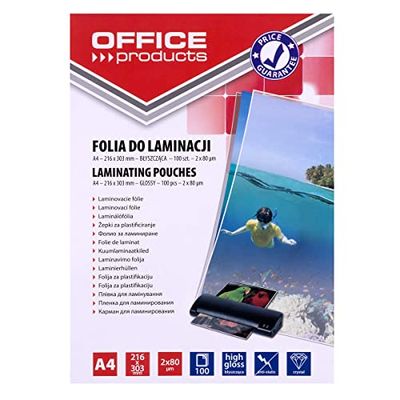 OFFICE PRODUCTS 20325415-90 - Láminas para plastificar (A4, 2 x 80 micras, 100 unidades), transparente
