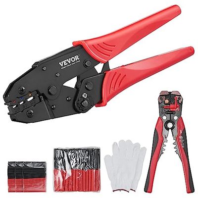 VEVOR Pince à Sertir 0,5-6 mm² Outil de Sertissage Bornes Isolées en Nylon Thermorétractable AWG22-10 Sertisseuse Cosses Câbles avec Paire de Gants Pince à Dénuder Fils 210 Gaines Thermorétractables