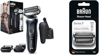 Braun Series 7 Electric Shaver + Series 7 Replacement Head Bundle: with Beard & Stubble Trimmer Attachments, Cordless Foil Razor, Smart Care Centre, 70-B7850cc, Blue Razor + Shaver Head, 73S, Silver