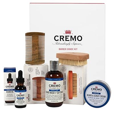 CREMO - Beard Care Gift Set for Men - Shampoo, Beard oil, Beard cream, Comb and Brush