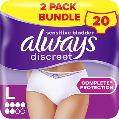 Always Calças discretas para incontinência para mulher, L, UK 16-22, branco, 6, 20 roupa interior / cuecas (10 x 2 embalagens), (a embalagem pode variar)