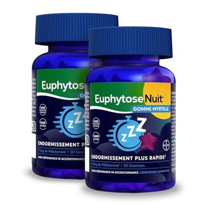 Gummies Sommeil Myrtille, 1 mg Melatonine, complément alimentaire, Vitamine B6, Endormissement plus rapide* - 2x30 Gommes - Sans Sucres - Goût Myrtille - EuphytoseNuit®