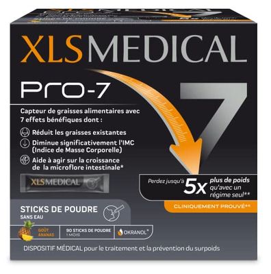 XLS MEDICAL PRO-7 - Sticks de poudre pour une aide à la perte de poids - 7 bénéfices (1)(2) - Perdez jusqu'à 5x plus de poids qu'avec un régime seul (1) - 90 sticks de poudre Goût Ananas- 1 mois