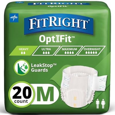 FitRight OptiFit Extra+ Adult Diapers with leak stop guards, Disposable Incontinence Briefs with Tabs, Moderate Absorbency, Medium, 32"-42", 20 Count