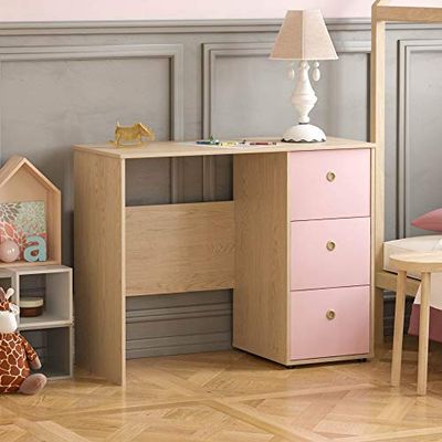 Junior Vida Nettuno Tavolino da Scrivania con 3 Cassetti, per Pc/Laptop, per Studio di Casa, Postazione di Lavoro per Bambini (Rosa e Rovere), Truciolato, Rosa & Rovere, H 71 x W 92 x D 40 cm