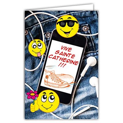 Afie 67-1076-B - Tarjeta Viva Santa Catherine 25 Noviembre para niña Adolescente Smileys Jaunes emoticcones, teléfono móvil, música, zapatillas vaqueras con sobrecolor blanco