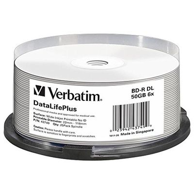 Verbatim 43749 50GB 6x BD-R DL Wide Printable - 25 Pack Spindle