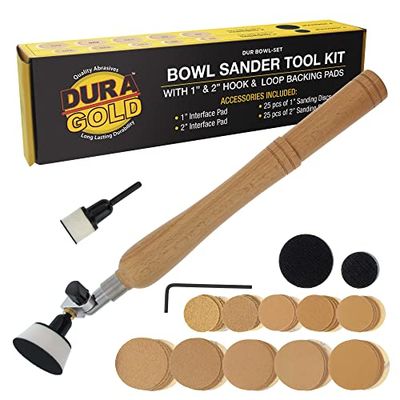 Dura-Gold Kit d'outils de ponceuse à bol avec coussinets auto-agrippants de 2,5 cm et 5,1 cm, 50 disques de ponçage – Tête à double roulement, poignée en bois dur, mandrin de 6,35 cm – Papier abrasif