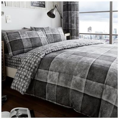 GC GAVENO CAVAILIA Denim Check luxuoso conjunto de quadros de ganga edredão e fronha de almofada, poliéster e algodão, cinzento, individual, polialgodão, rei, rei (230 x 220 cm)
