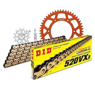 Kettingset DID Alu 520VX3 / 118 klinknagel slot oranje voor KTM EXC RACING Racing EGS SX-F, Husqvarna TE EXC-F Sixdays 150-520 cc Bj. 1992-2020