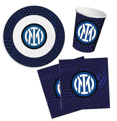 Set Compleanno Neroazzurro per 8 persone, Kit Addobbi Decorazioni Stoviglie da Tavola Tema Calcio Pallone Calcistico Festa Nero Azzurro Party Bambini - 8 Piatti, 8 bicchieri, 20 tovaglioli