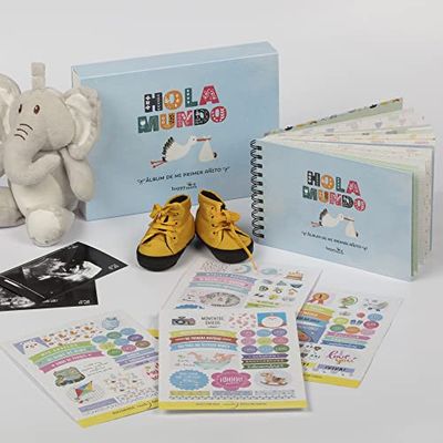 HappyMots - Album Fotos Bebé Niño | HappyMots | 22cm x 15cm | Hola Mundo | Viene con Caja Protectora | Album Bebé para Pegar Fotos y Escribir | Set de Pegatinas Decorativas Incluido