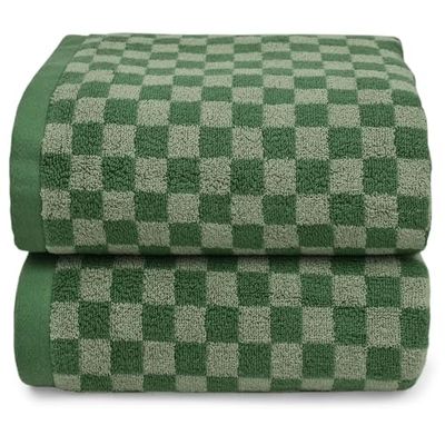 Jacquotha Luxe badhanddoeken voor badkamer groen geruit (137 x 70 cm) - Katoenen zachte absorberende douchehanddoeken 2 stuks dagelijks gebruik lichtgewicht, sneldrogend, decoratieve grappige