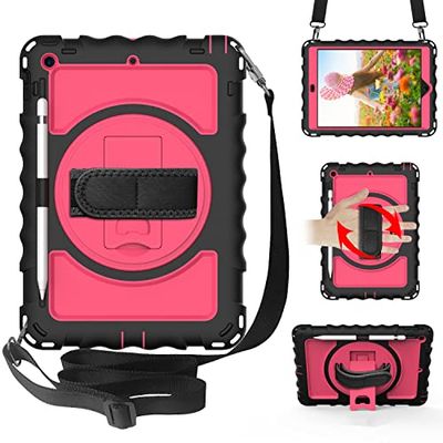 iPad Case voor iPad 10.2 Inch (iPad 9e/8e/7e Generatie) met pennenhouder Schokbestendig Beschermhoes Silicon+PC Schouderband iPad Case 2021/2020/2019, Zwart/Hot Pink