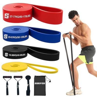 SURFOU Gomas Elasticas Musculacion 4 Niveles,Bandas de Resistencia con Anclaje para Puerta, 2 Asas, Bolsa y Guía, para Estiramiento, Yoga, Pilates y Entrenamiento de Fuerza