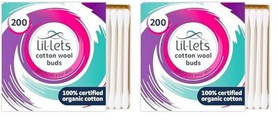 Lil-Lets Cotton Wool Buds, Certified Organic, 100% Pure Cotton Wool Tips, Durable Paper Stems, Plastic Free Cotton Buds, Dermatologically Tested, Pack of 400