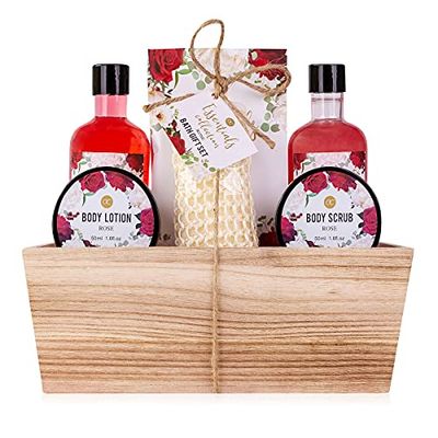 Accentra - set de ducha set de regalo para mujer ROSA en una cesta de madera - set de cuidado de 6 partes con gel de ducha, baño de burbujas, sales de baño, loción corporal y más - regalo de bienestar