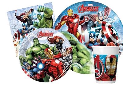 Partyset Marvel Avengers Infinity Stones voor 8 personen (44 stuks: 8 borden Ø23 cm, 8 borden Ø20 cm, 8 bekers 200 ml, 20 servetten 33 x 33 cm)