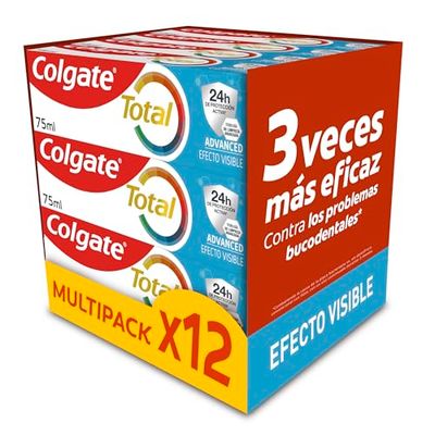 Colgate Total Advanced Efecto Visible Pasta de Dientes, Pack 12 Uds x 75ml, Dentífrico se Vuelve Azul al Cepillarse, 24H Defensa Antibacteriana Reforzada para la Boca*