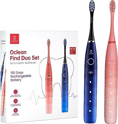 Oclean Find Duo Set (2x Spazzolini Elettrici Sonici), 5 modalità con sbiancamento, durata batteria 180 giorni, timer 2 min con avviso ogni 30s, impermeabilità IPX7, Twin Pack Set- Rosso e Blu