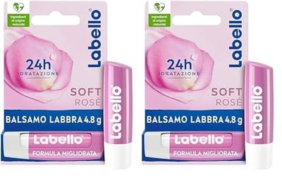 Labello Soft Rosé 4.8 g, Balsamo labbra colorato con estratto di rosa, Burrocacao labbra fondente con oli naturali e burro di karité, Lip balm idratante per 24 ore con pigmenti colorati