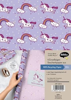 Set de papier cadeau pour enfant : Einhorn : 4 Einzelbögen + 1 x Postkarte