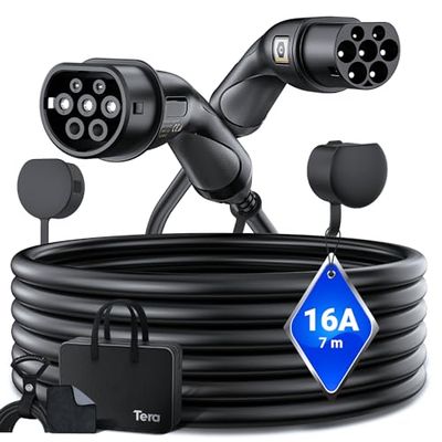 Tera EV oplaadkabel type 2: 3,6 kW, 16 A, 7 meter, 1-fase, type 2 naar type 2, mennekes, IP55, snellaadkabel, elektrische auto, type 2, voor e-auto, EV/PHEV, Duitse handleiding DC-16A-7, zwart