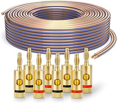 conecto CC50627 Câble audio pour haut-parleurs Ultraflex, Ø 2x2,50mm² (99,9% OFC 322x0,10mm brin), 100 m, transparent, Set avec 8 fiches bananes
