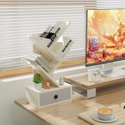 COSTWAY Bokhylla trädform, trähylla med låda, bokhylla på bordet och golvet, CD- och DVD-hylla, liten hylla för arbetsrum och kontor 30 x 17,5 x 60 cm (3 våningar, beige)