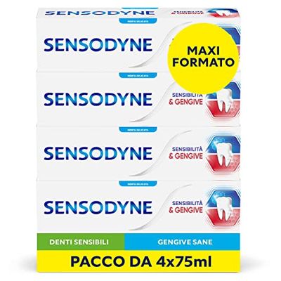 Sensodyne Dentifricio Sensibilità & Gengive, per Denti sensibili e Fastidi Gengivali, Igiene Dentale Quotidiana, Gusto menta, Pacco da 4x75ml