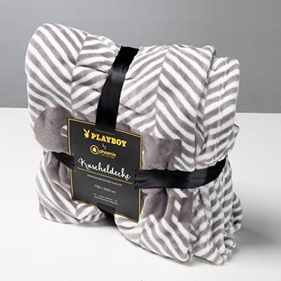 PLAYBOY Gosig filt tryckt, grå, gosig, mjuk filt, tryckt med kanin och text, av polyester, kolter, överkast, retrodesign, klubbstil, filt, vardagsrum, lounge
