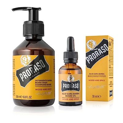 Proraso Set per Cura della Barba Lunga Wood and Spice, Set con Detergente Barba 200 ml e Olio Barba 30 ml dalla fragranza speziata e legnosa, Made in Italy