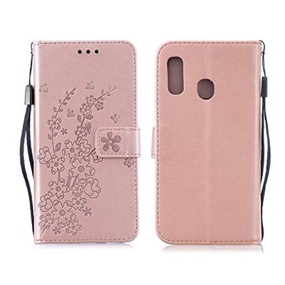 Carcasa de telefono Patrón for la Galaxia A40 Ciruelo florece la Caja del Cuero del tirón con el sostenedor y Ranuras for Tarjetas y Monedero y la Cuerda de Seguridad (Verde) Horizontal