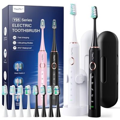 Cepillo de Dientes Eléctrico Sónico Adultos - Cepillo Electrico Sónico Paquete de 2, con 10 Cabezales y Estuche de Viaje, 5 Modos, IPX7 Impermeable, Cepillo Dientes Electrico, Negro y Blanco