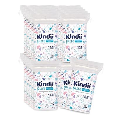 Kindii Pure Baby Pads – 100% bawełna – duże kwadratowe podkładki do skóry wrażliwej – zastępują wilgotne chusteczki – miękkie – miękkie krawędzie – nie strzępią się – 20 x 60 sztuk.