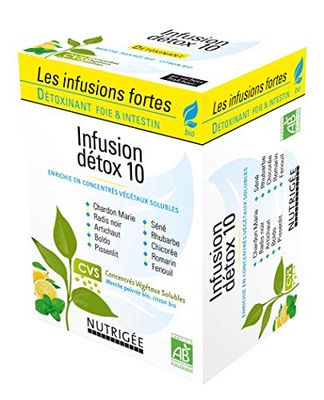 NUTRIGÉE - Infusion Détox 10 Bio - Foie & Intestin - Radis Noir, Pissenlit, Chardon Marie, Boldo, Artichaut, Fenouil, Chicorée, Romarin, Séné, Rhubarbe - Concentrés Végétaux Solubles - 30 Sachets