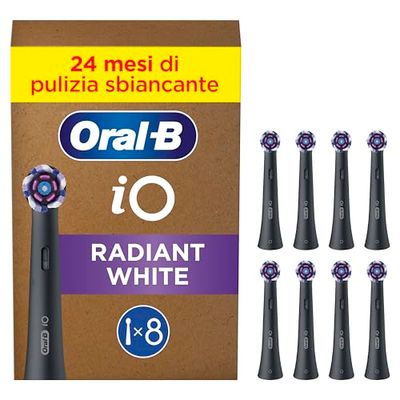 Oral-B Testine di Ricambio iO Radiant White Nere, Testine Rotonde Originali, Setole Angolate e Setole Lucidanti, 8 Testine