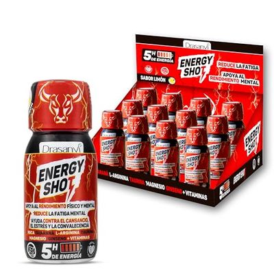 DRASANVI ENERGY SHOT| 5 HORAS DE ENERGÍA TOTAL | Reduce la Fatiga | Con Magnesio, Taurina, L- Arginina, Colina, Guaraná, Maca, Ginseng, Cafeina + Vitaminas | Pack 12 ud Sabor Limón