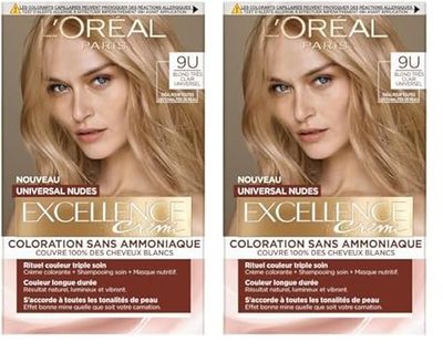 L’ORÉAL PARIS - Coloration Cheveux Cheveux Permanente - Sans Ammoniaque - Couvre 100% des Cheveux Blancs - Excellence Crème Universal Nudes - Nuance : Blond Très Clair Universel (9) (Lot de 2)
