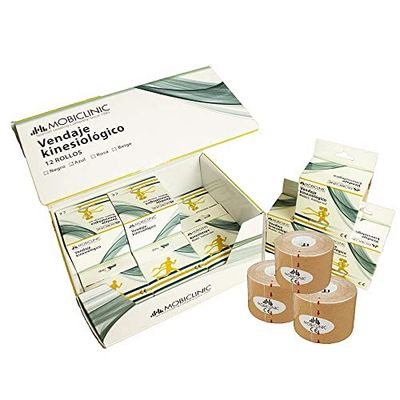 Mobiclinic®, Pack 12 uds. Kinesiotape, Venda Neuromuscular Adhesiva, 5m x 5cm, Esparadrapo Deportivo, Alivio Dolor Muscular, Vendaje Kinesiológico, Cinta Kinesiológica, Face Tape (Beige)